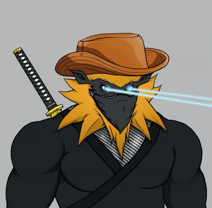 A digital illustration of an anime-style swordsman with orange hair and beard, wearing a brown cowboy hat and black ninja outfit, wielding a katana and shooting lasers from his eyes.