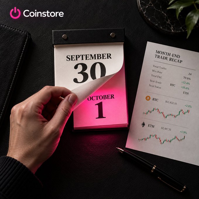 A promotional image with the Coinstore logo, showing a hand flipping a calendar page from September 30 to October 1, alongside a month-end trade recap report featuring BTC and ETH cryptocurrency charts.