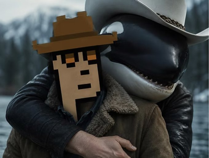 A person wearing a cowboy hat and a black and white mask (resembling Symbiote Spider-Man) embraces someone wearing a pixelated cowboy hat and blocky face in a snowy mountain setting.