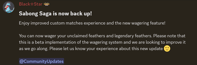 A Discord announcement from 'Black☆Star 🐱' stating 'Sabong Saga is now back up!' detailing a new wagering feature.