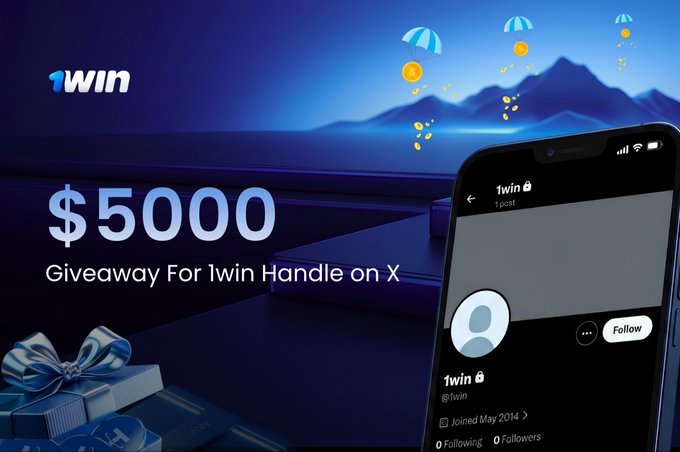 A promotional graphic for 1win advertises a $5000 giveaway to anyone who helps recover the @1win handle on X, featuring the 1win logo, a phone showing the 1win X profile, gift boxes, and coins falling from parachutes. The image visually reinforces the offer mentioned in the post, highlighting the reward amount and the "@1win" handle at the center of the campaign.