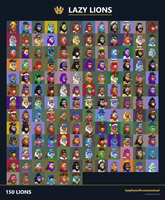 A grid display titled 'LAZY LIONS' showing 150 different NFT lion character portraits, each with unique colors and accessories, from lazylionsnft.com/animal.