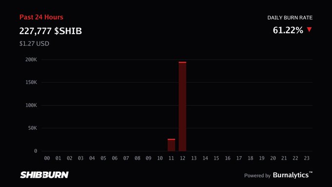 A SHIB Burn chart displays the past 24 hours, showing 227,777 $SHIB burned ($1.27 USD) with a daily burn rate of -61.22%, peaking sharply around 11:00-12:00.