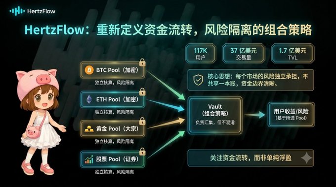 A Chinese infographic for 'HertzFlow' titled '重新定义资金流转，风险隔离的组合策略' (Redefining capital flow, risk-isolated portfolio strategy), showing pools for BTC, ETH, Gold, and Stocks feeding into a Vault strategy with stats like 117K users, $37M transaction volume, and $1.7M TVL, alongside a cartoon girl wearing a pink pig hat.