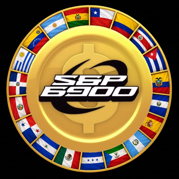 A gold S&P 6900 coin design surrounded by various Latin American country flags.