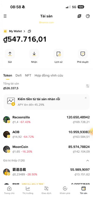 A Binance cryptocurrency wallet screenshot in Vietnamese ('Tài sản') shows a balance of đ547.716,01, with token listings including Racoonzilla, AOB, and MoonCoin showing significant losses (-67.43%, -64.72%, -16.20%).