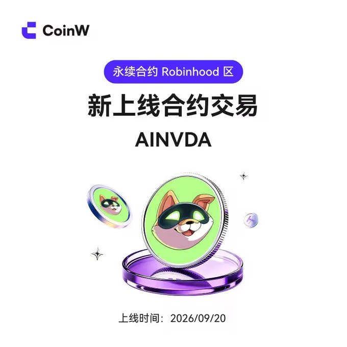 A CoinW advertisement announcing 'AINVDA' as a new perpetual contract in the Robinhood zone, featuring a 3D coin with a cat in a superhero mask and a launch date of 2026/09/20.