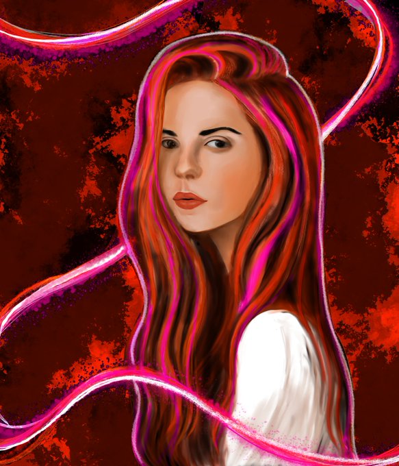 A digital illustration of a young woman with flowing reddish-brown hair highlighted in vivid pink and purple, set against a textured red background with swirling pink ribbons of light. The ethereal, romantic portrait complements the post's hopeful message about finding a collector for this unique 1/1 NFT artwork on Transient.