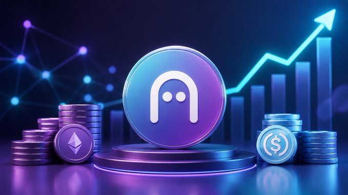 The image features a glowing purple and blue Aave logo centered on a pedestal, flanked by stacks of Ethereum (ETH) and USDC coins, with an upward-trending bar chart and arrow in the background symbolizing growth. The visuals align with the post's message, illustrating Aave's DeFi lending platform as active loans surge to $12.5 billion, reflecting rising demand and over $1.5 billion in monthly growth.