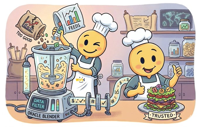 The image features two cartoon chefs, one wearing an apron and hat, working together in a kitchen setting with various ingredients such as carrots, broccoli, and other food items. The chef on the left is holding a blender filled with ingredients while the chef on the right is smiling and giving a thumbs up. The post also mentions a decentralized oracle that serves data on-chain, which could be related to the cooking process in some way.