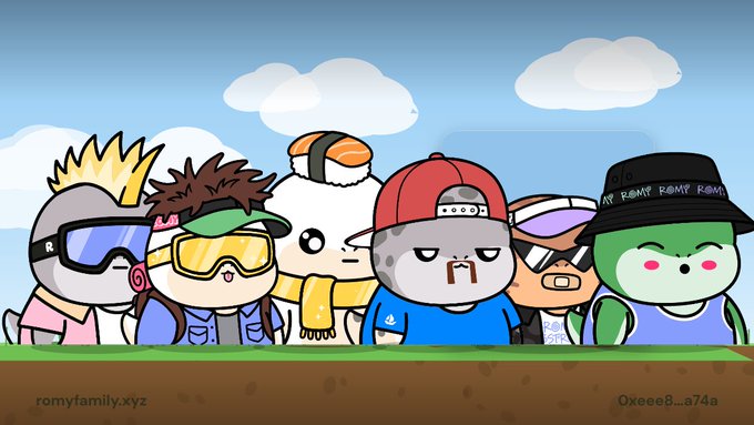 A cartoon illustration featuring a lineup of NFT-style characters from the Romy Family, displayed on a green field with a blue sky background.