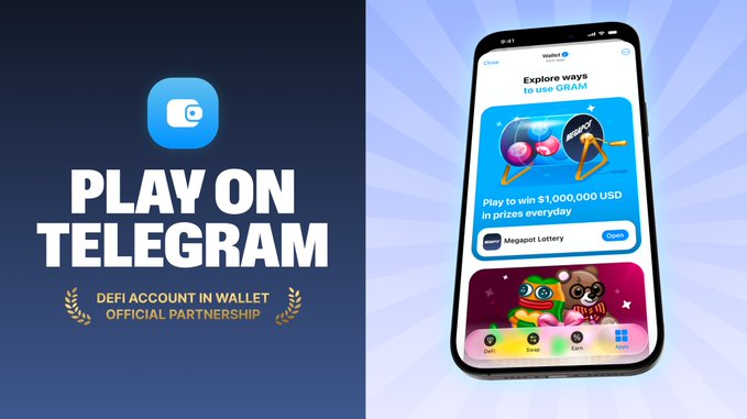 An advertisement with the text 'PLAY ON TELEGRAM' alongside a blue logo and 'DEFI ACCOUNT IN WALLET OFFICIAL PARTNERSHIP,' next to a mockup of a smartphone screen showing a lottery game.