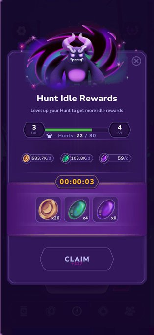 A mobile game interface screen showing 'Hunt Idle Rewards' with a purple monster character, displaying level progress (LVL 3 to LVL 4), hunt counts (22/30), and resource rewards ready to claim.