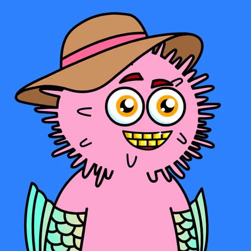 A colorful digital cartoon illustration of a pink, fluffy, axolotl-like creature wearing a brown hat with a pink band, featuring wide yellow eyes and a toothy gold smile against a solid blue background.