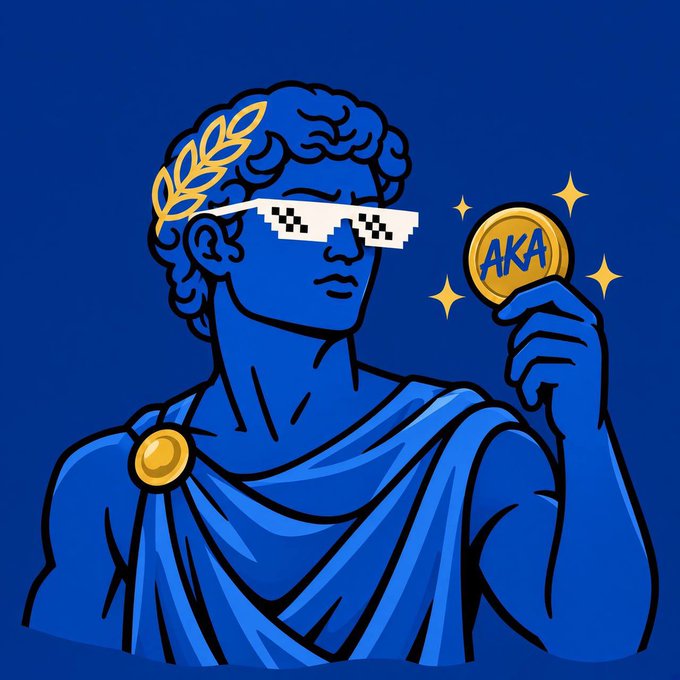 Illustration of a blue statue of a Greek/Roman figure wearing pixelated 'deal with it' sunglasses and a golden laurel wreath, holding a gold coin marked 'AKA' against a blue background.