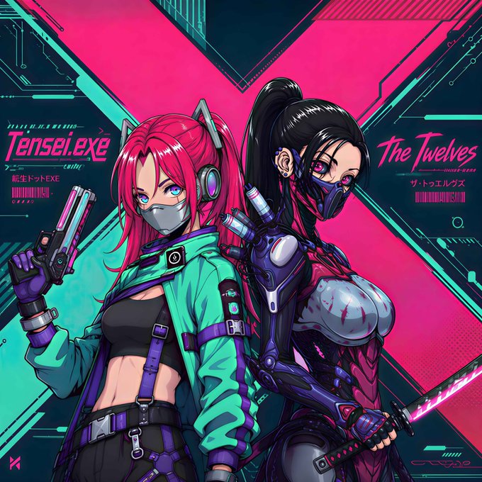 The image features two female characters, each wearing a green jacket with a black hoodie underneath, holding weapons such as guns or swords. The background of the image has a pink and blue color scheme, which complements the characters' outfits. The text "Elevens NFTs Been wanting to buy some titles only to be left depresso since they only feature male / masculine characters" is present in the image. This suggests that these characters are female and might be related to the post about Female NFTs.
