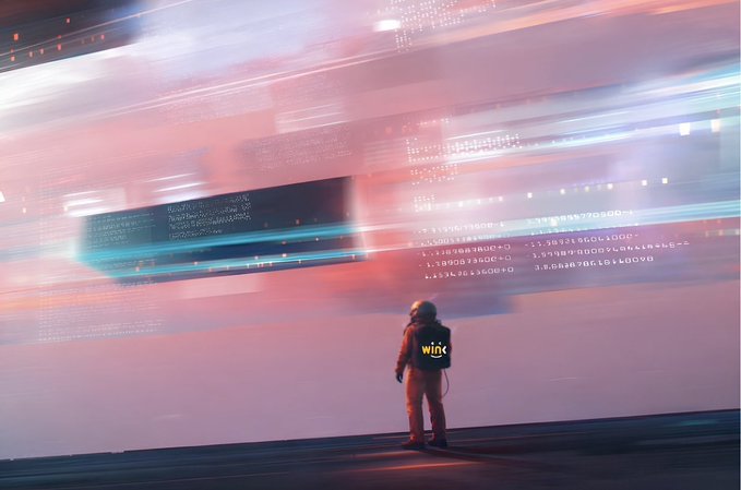 A small astronaut figure wearing a 'winc' logo backpack stands on a surface looking up at massive floating screens displaying scrolling code and numbers in a pink and blue futuristic environment.