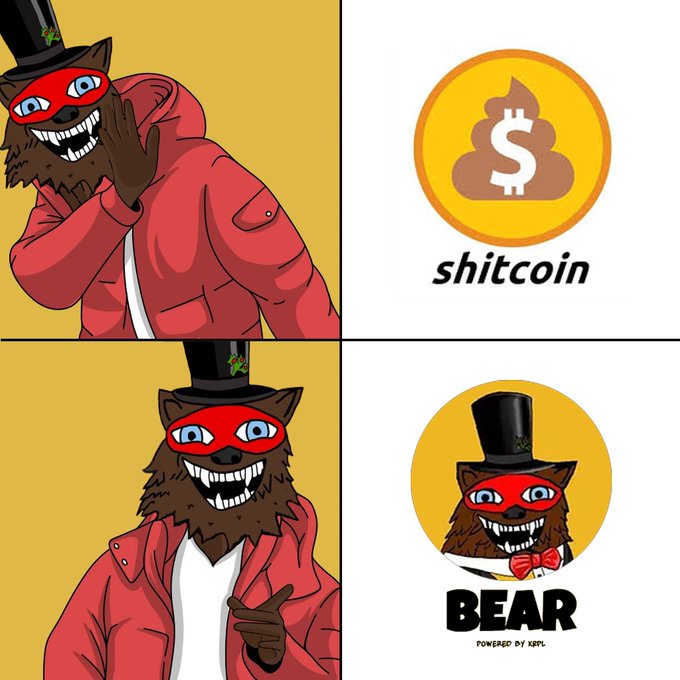 A four-panel collage featuring cartoon bear mascots in red jackets and masks, alongside cryptocurrency-style logos reading "shitcoin" and "BEAR POWERED BY XBPL".