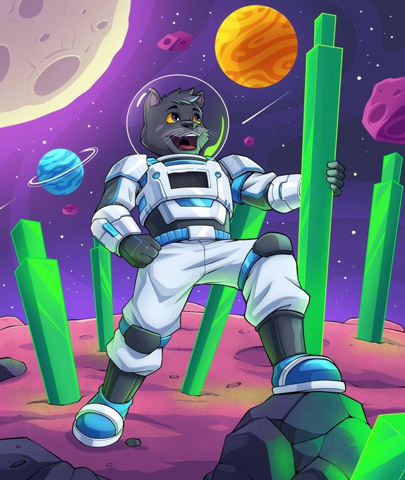A cheerful anthropomorphic black cat in a white astronaut suit stands triumphantly among glowing green crystal pillars on an alien planet, with planets and a starry purple sky in the background. The "UPtober" caption likely plays on the upbeat, rocket-ship-style momentum and rising green crystals, evoking optimism about a bullish month ahead.