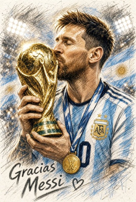 Artistic illustration of Lionel Messi kissing the FIFA World Cup trophy while wearing Argentina's jersey, with handwritten text 'Gracias Messi' and a heart.