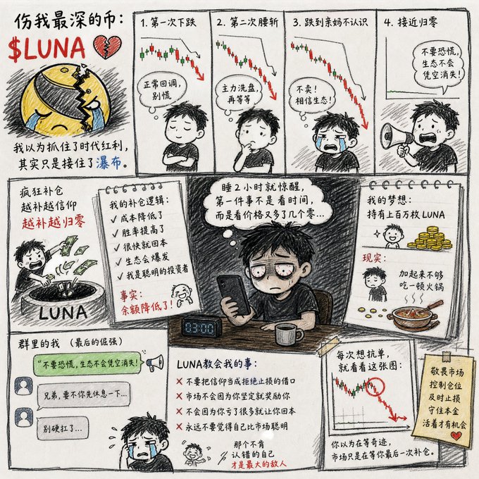 Chinese-language comic about the LUNA cryptocurrency crash, showing a man's emotional journey through the coin's collapse with lessons learned, captioned '伤我最深的人: $LUNA' (The one who hurt me the most: $LUNA).
