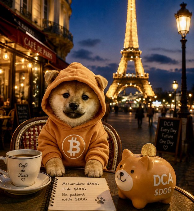 A Shiba Inu puppy wearing a Bitcoin-logo hoodie sits at a Parisian café table with a 'Café de Paris' cup and a Dogecoin-shaped piggy bank labeled 'DCA $DOG,' with the Eiffel Tower lit up at night in the background.