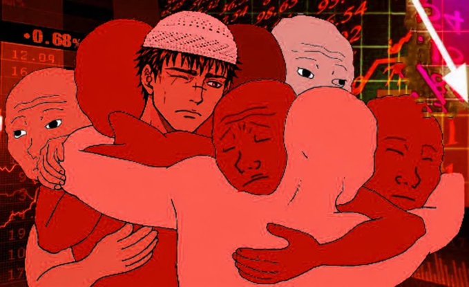 An anime-style illustration shows a young man in a knit cap surrounded by a group of bald figures embracing him, set against a background of stock market data with a red declining chart.