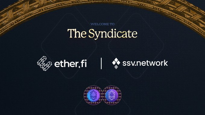 The image features a banner with text and logos related to EtherFi and SSV Network. The banner displays "Welcome To The Synciate" at the top, followed by the names of the companies involved -etherfi, SSV network, and ethereum. The text on the banner indicates that the focus is on the validator layer and the rewards it compounds over time.
