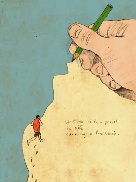 Illustration showing a giant hand holding a green pencil writing 'writing with a pencil is like running in the sand' while a small figure in a red shirt runs on sand below.