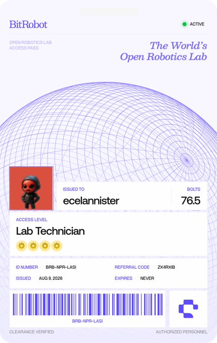 A BitRobot "Open Robotics Lab Access Pass" ID card issued to user "ecelannister," showing a Lab Technician access level with 4 gears, 76.5 Bolts, referral code ZX4RKXB, and ID number BRB-NPR-LAS1, matching the creator's post about generating their own BitRobot ID for the testnet.