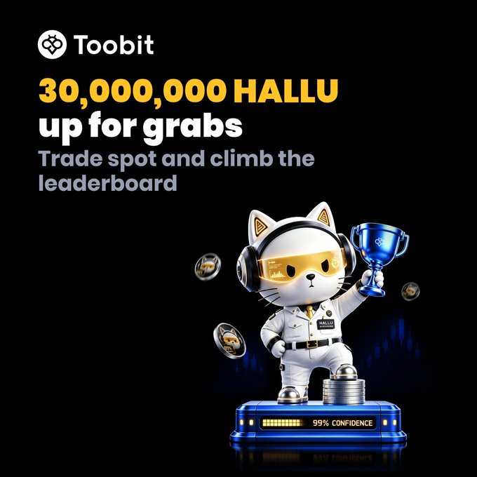 A Toobit promotional graphic featuring an astronaut cat mascot in a space suit holding a blue trophy atop a "99% CONFIDENCE" podium, surrounded by floating HALLU coins, advertising a 30,000,000 HALLU spot trading leaderboard giveaway. The visual reinforces the post's call to action by gamifying the trading challenge with the victorious cat mascot signaling the rewards awaiting top traders.