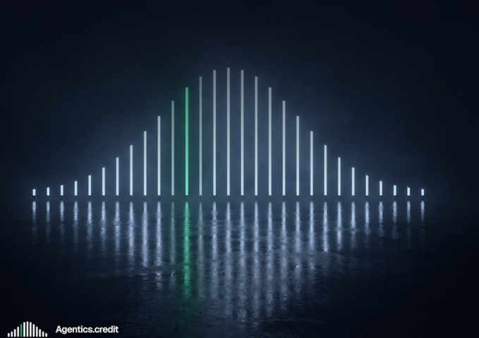 An abstract audio visualizer with vertical light bars on a dark reflective surface, with one bar highlighted in green and the watermark 'Agentics.credit' in the corner.