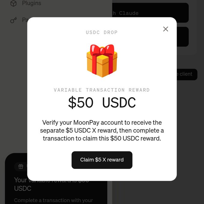 A USDC DROP popup offering a $50 USDC variable transaction reward, requiring MoonPay account verification and a transaction to claim.