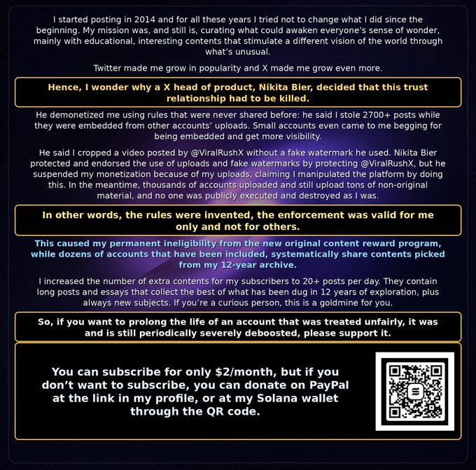 A creator's message detailing their deplatforming by X head of product Nikita Bier over alleged repost violations, with highlighted claims that rules were selectively enforced and a call to support via $2/month subscription, PayPal, Solana QR code, or the community token H6XiYttyMFsKXj6BJzYZMEjhUz6EwymaX4ug35G6pump.