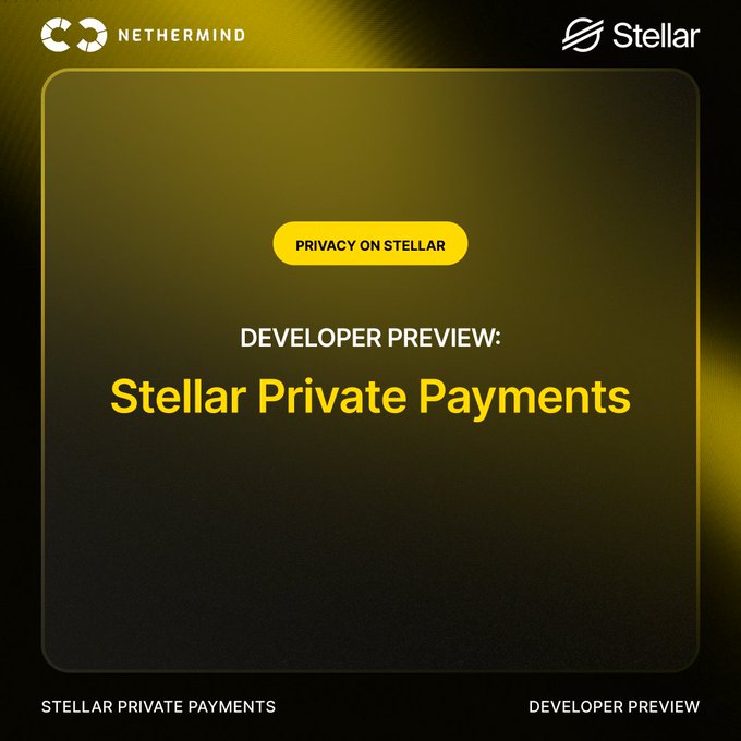 Nethermind and Stellar present a developer preview of “Stellar Private Payments (SPP),” labeled “Privacy on Stellar.” The graphic highlights the Nethermind-implemented privacy pool for counterparty-private Stellar payments, now live on testnet.