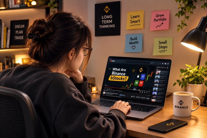 A person learns about "What Are Binance bStocks?" on their laptop, with the Binance logo visible on a mug and phone. Post-it notes with motivational financial advice like "Long Term Thinking" and "Grow Portfolio" are on the wall.