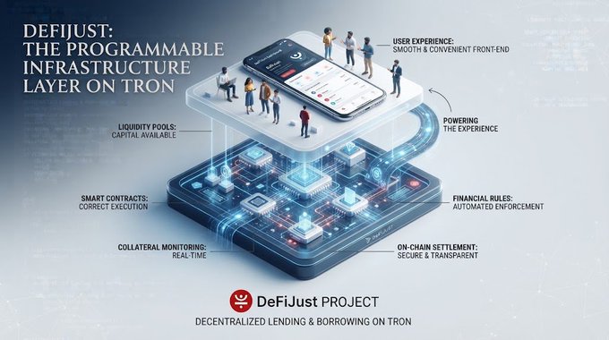 The image is a promotional graphic for the **DeFiJust Project**, showcasing it as "The Programmable Infrastructure Layer on TRON" for decentralized lending and borrowing. It depicts a layered technology stack with users on top of a smartphone interface, supported by underlying components including liquidity pools (capital available), smart contracts (correct execution), collateral monitoring (real-time), financial rules (automated enforcement), and on-chain settlement (secure & transparent).

The visual reinforces the post's message by illustrating how DeFi's user-friendly front-end experience relies on a robust infrastructure foundation—showing that convenience depends on the seamless integration of liquidity, automated contracts, real-time collateral tracking, and transparent settlement all working in unison beneath the surface.