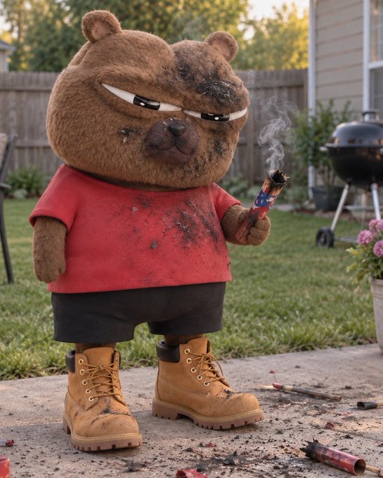 A grumpy, soot-stained teddy bear in a red shirt and tan work boots holds a smoking firework in a backyard, with debris scattered at his feet—fitting imagery for $BOBO's 9th breakout attempt, capturing the persistence and explosive optimism of a meme coin refusing to give up.