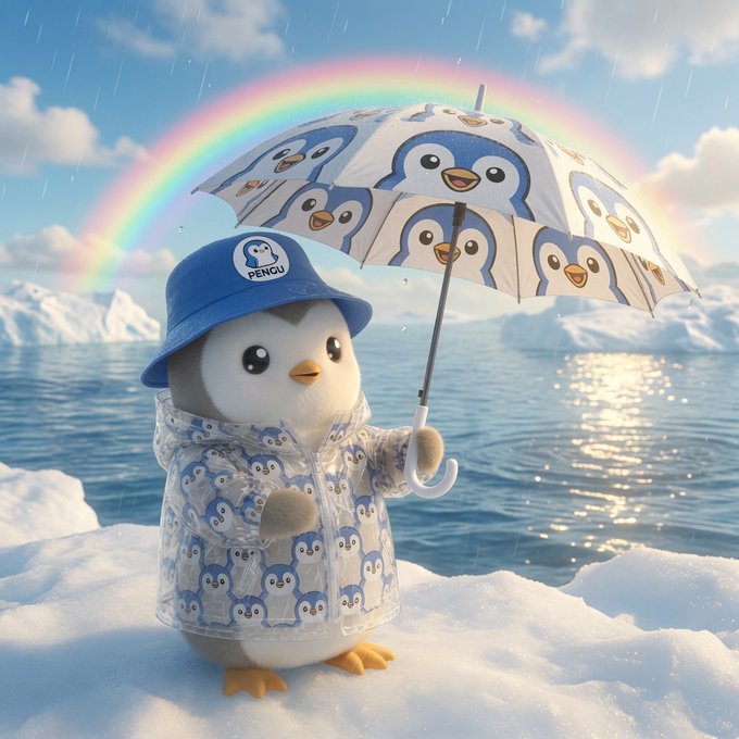 An adorable 3D-rendered penguin character wearing a blue bucket hat labeled 'PENGU' and a matching raincoat, holding a penguin-patterned umbrella while standing on snow with a rainbow and icy water in the background.