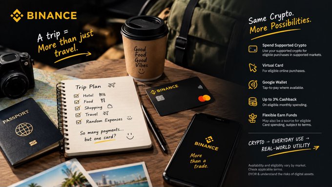 A promotional advertisement for the Binance crypto card, featuring travel-themed imagery like a passport, camera, and coffee cup, with the tagline 'A trip = More than just travel' and 'Same Crypto. More Possibilities.' listing benefits like 'Spend Supported Crypto' and 'Virtual Card.'