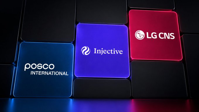 Three illuminated squares on a dark surface displaying logos for POSCO International, Injective, and LG CNS.