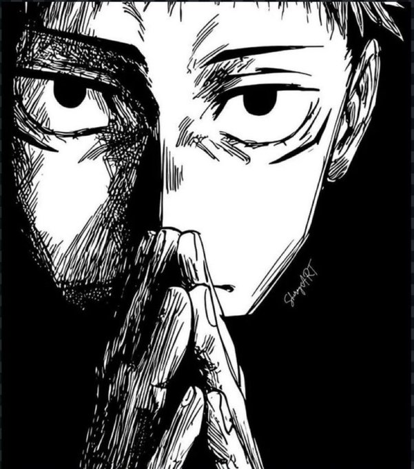 A black and white manga-style illustration of a character's face with intense eyes and a hand pressed over their mouth.