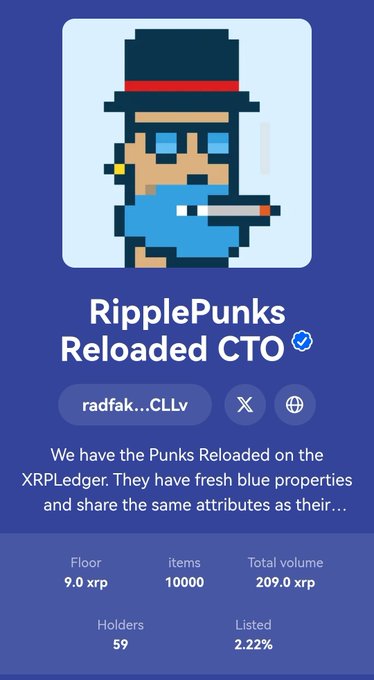 A mobile app screenshot showing a 'RipplePunks Reloaded CTO' NFT collection on the XRPLedger with 10000 items and a floor price of 9.0 xrp.