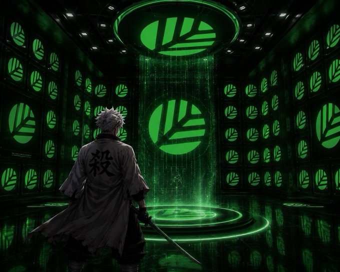 An anime-style image shows a white-haired character in a robe with the Japanese kanji '殺' (killing) on the back, standing before a glowing green digital chamber featuring a circular logo symbol repeated across the walls.