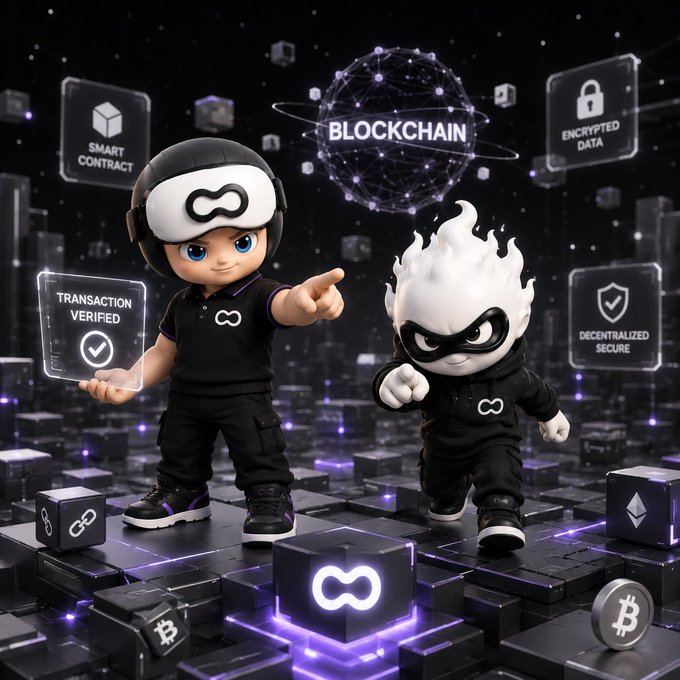 Two cartoonish characters stand in a digital blockchain-themed environment, surrounded by floating icons labeled 'SMART CONTRACT,' 'BLOCKCHAIN,' 'ENCRYPTED DATA,' 'TRANSACTION VERIFIED,' and 'DECENTRALIZED SECURE,' with cryptocurrency symbols visible on the floor.