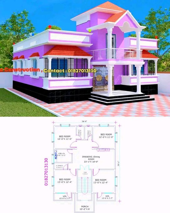 An advertisement for a purple two-story house design by 'a Construction' (contact 01827013130), shown with both a 3D render and a floor plan featuring 4 bedrooms.