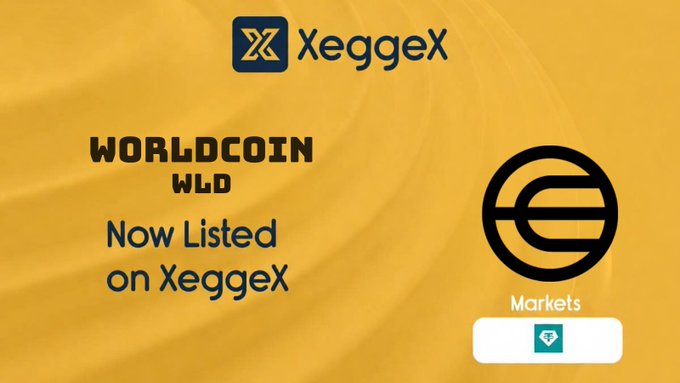 A promotional graphic on a yellow background announces the listing of Worldcoin (WLD) on Xeggex, featuring the Xeggex logo and Worldcoin's circular emblem alongside the "Markets" trading section.