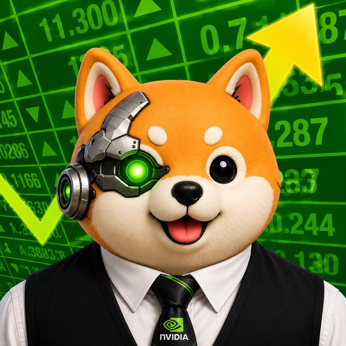 An anthropomorphic Shiba Inu mascot wearing a cybernetic headset and an NVIDIA tie grins in front of a green stock ticker board with numbers like 11.300, 0.7, and 287, visually supporting the caption's call to go long on AI (NASDAQ: AI) by blending bullish market imagery with the upbeat, optimistic energy of the post.