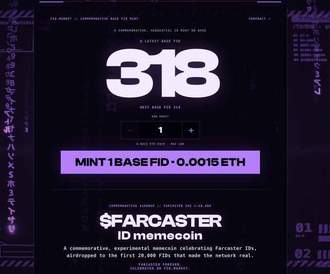 The image shows a dark-themed web interface titled "FID MARKET // COMMEMORATIVE BASE FID MINT," displaying the number "318" as the latest Base FID, with a mint button priced at "0.0015 ETH" for "$FARCASTER ID memecoin." The interface relates to the post by offering a new, open-access FID minting contract on Base, as a response to frustrations over the original Farcaster airdrop being given to low-FID users who often sold their tokens without contributing to the network.