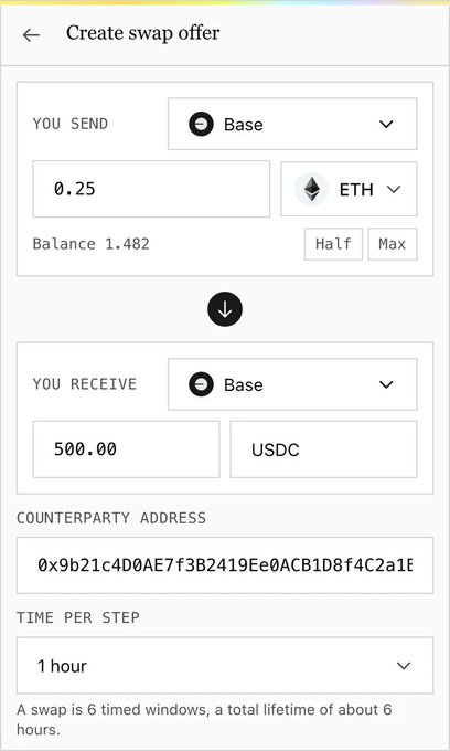 A 'Create swap offer' screen showing an exchange of 0.25 ETH for 500.00 USDC on the Base network, with a counterparty address and a 1-hour time per step setting.